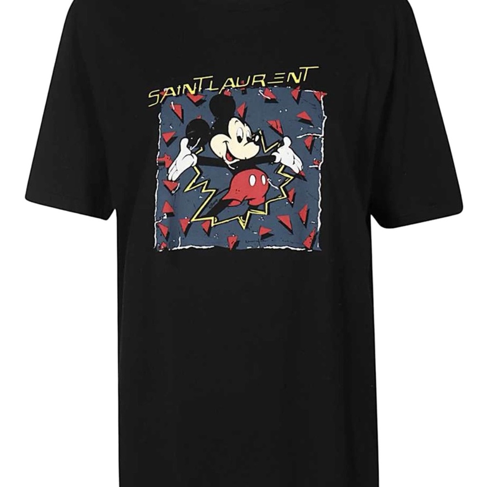 Saint Laurent Black Tee with Red, Yellow & Blue Mickey Graphic